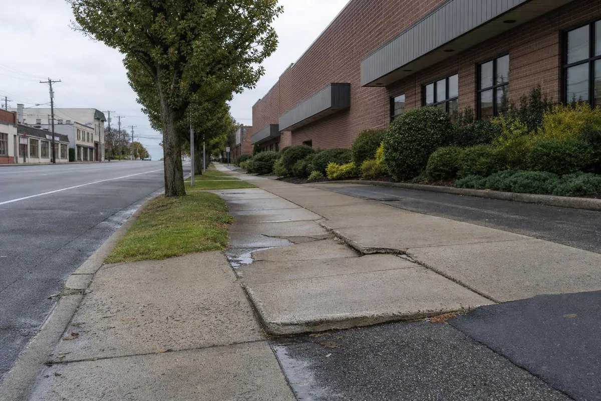 Street-side view of a commercial-looking brick building with landscaping and a concrete sidewalk showing cracked, uneven slabs and a raised section near the cur