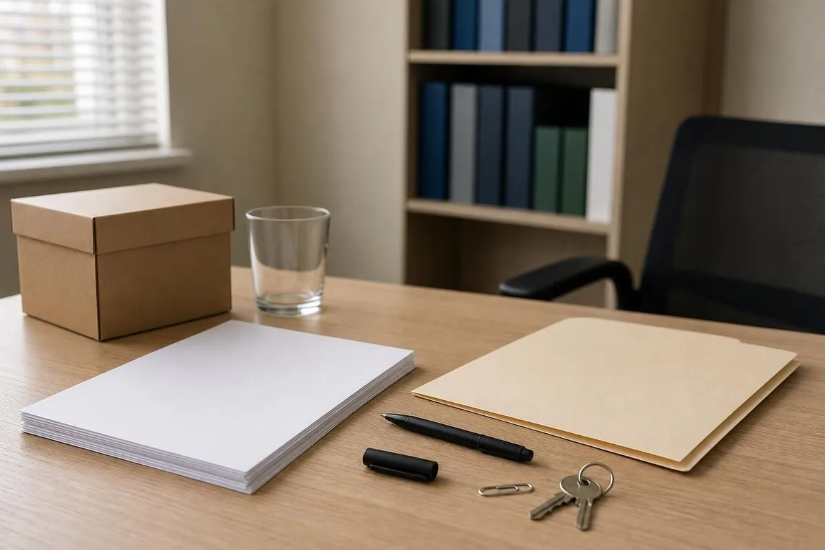 Office desk with a stack of blank white paper, a manila folder, a pen with cap, a paperclip, a set of keys, a glass, and a small cardboard box; bookshelf and ch