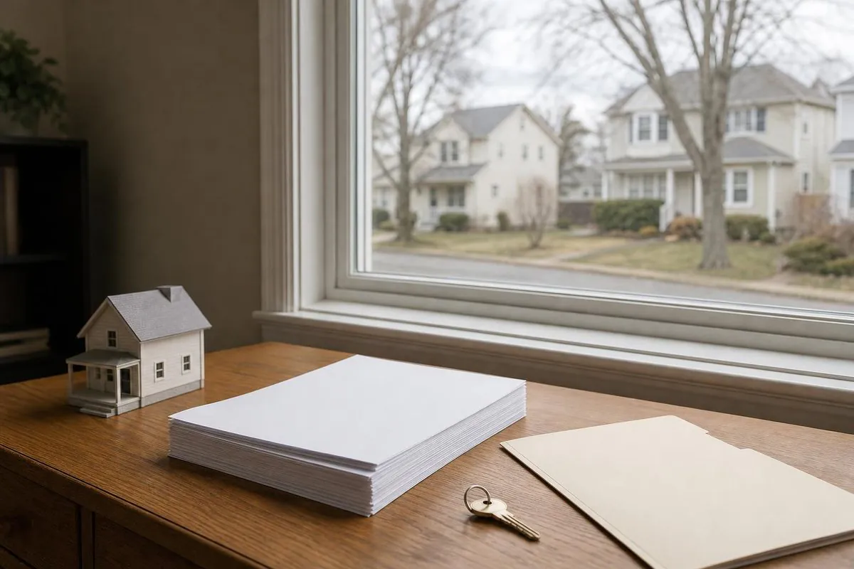 A wooden table by a window with a small model house, a stack of blank papers, a set of keys, and a plain file folder; suburban houses are visible outside the wi