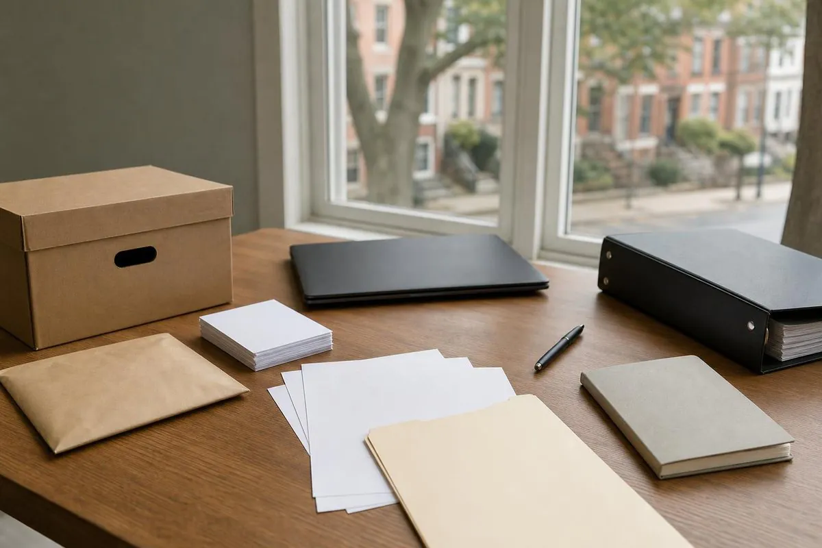 Office desk near a window with blank papers, envelopes, a pen, folders, a storage box, and a binder arranged as if for organizing records.